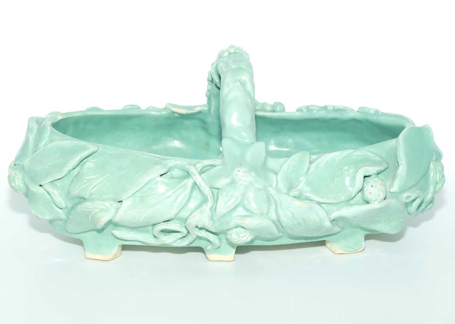 Early Australian Pottery hand built basket decorated with Grapes and Vine signed M Mc D | Celadon Glaze