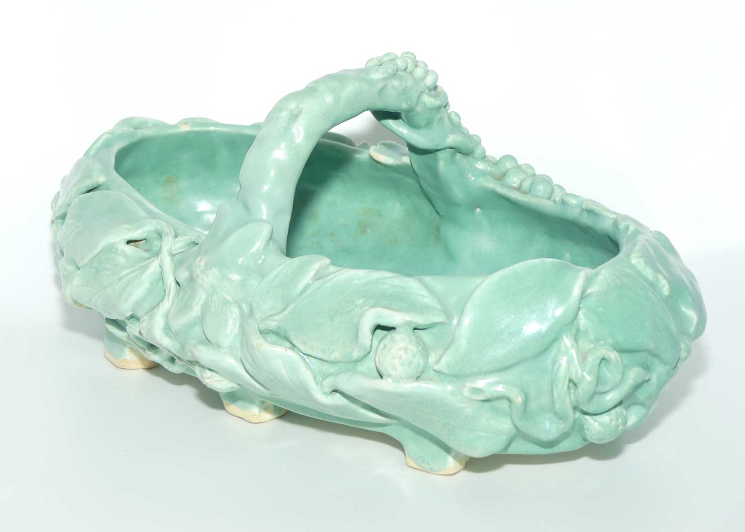 Early Australian Pottery hand built basket decorated with Grapes and Vine signed M Mc D | Celadon Glaze