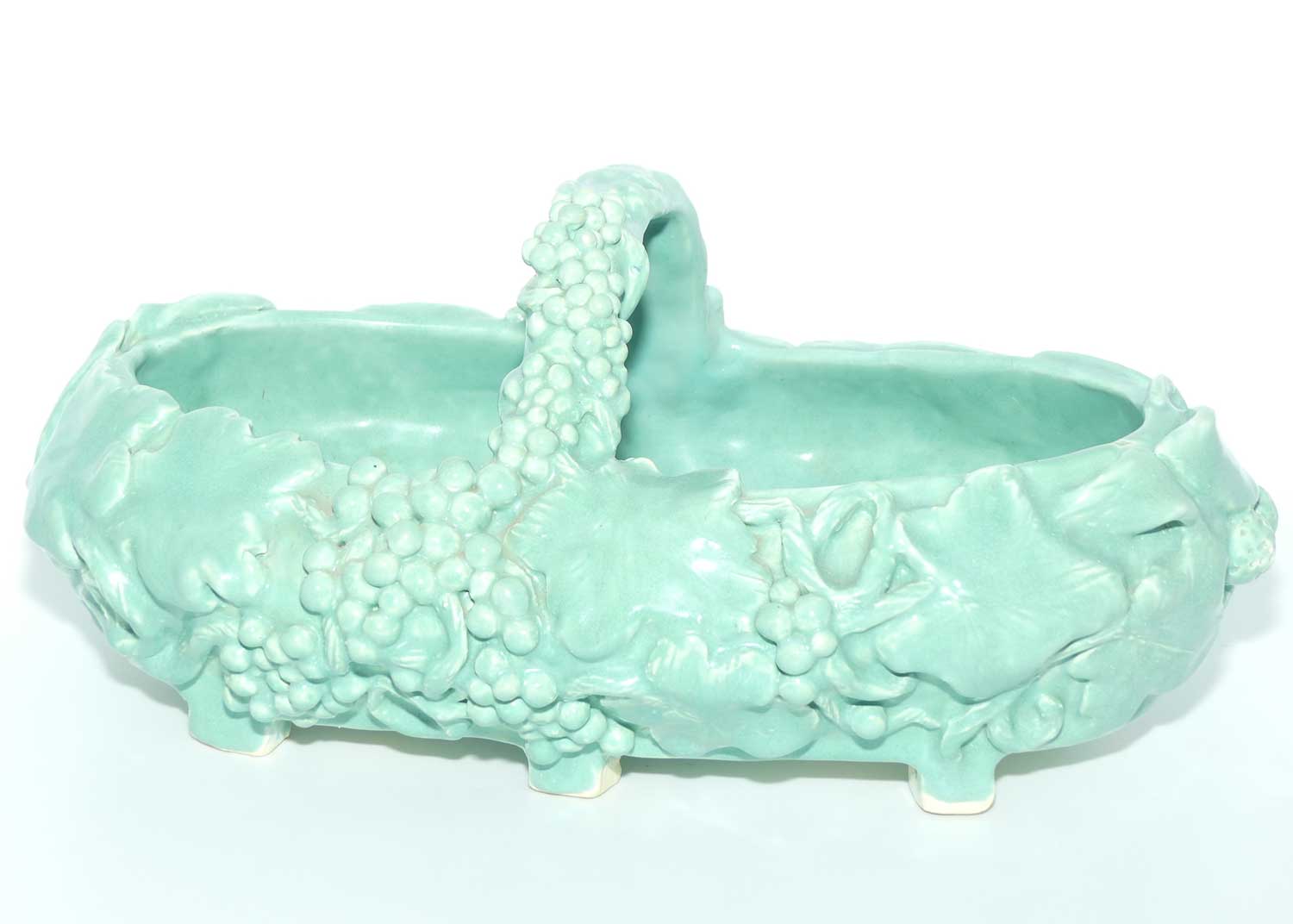 Early Australian Pottery hand built basket decorated with Grapes and Vine signed M Mc D | Celadon Glaze