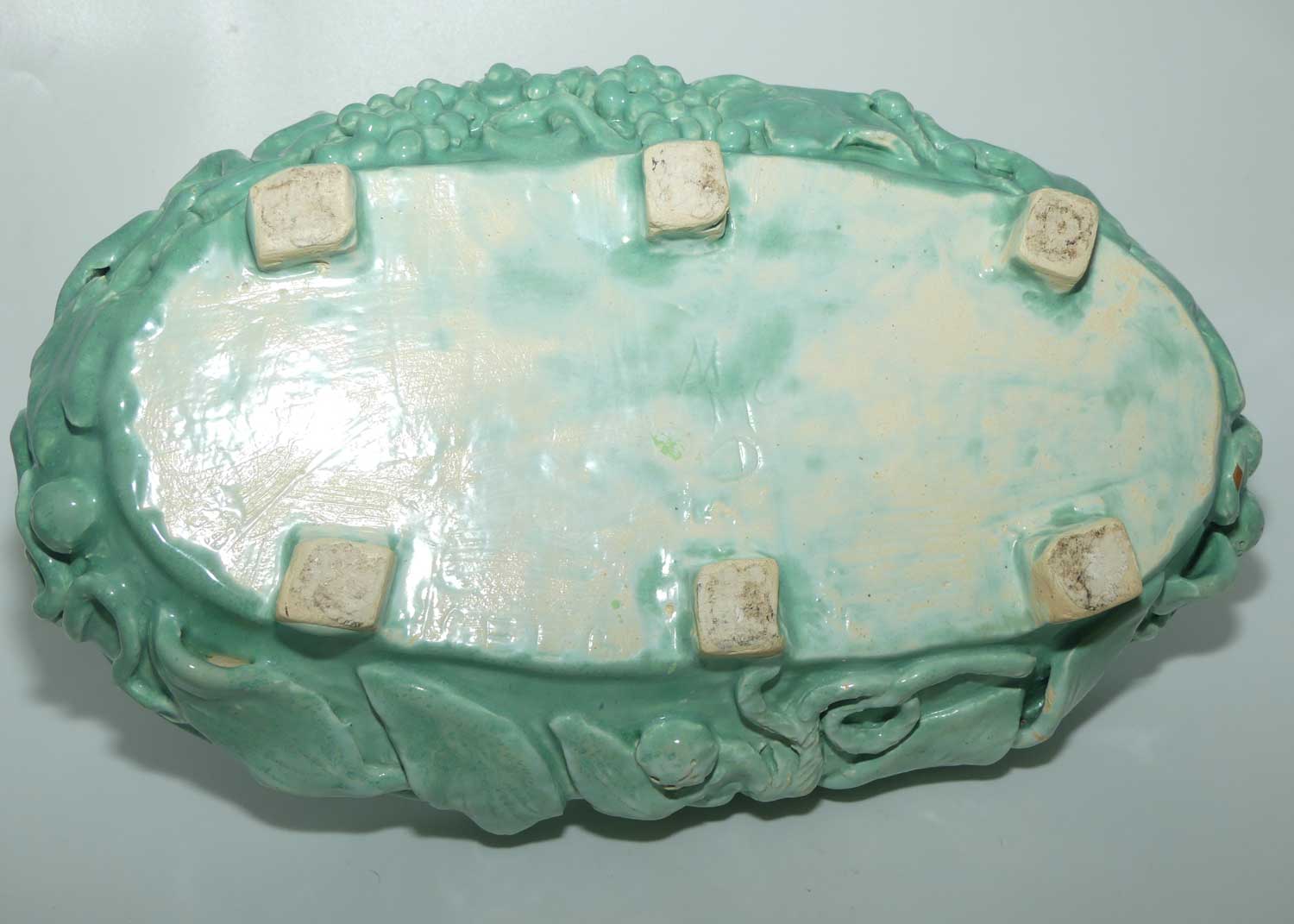 Early Australian Pottery hand built basket decorated with Grapes and Vine signed M Mc D | Celadon Glaze