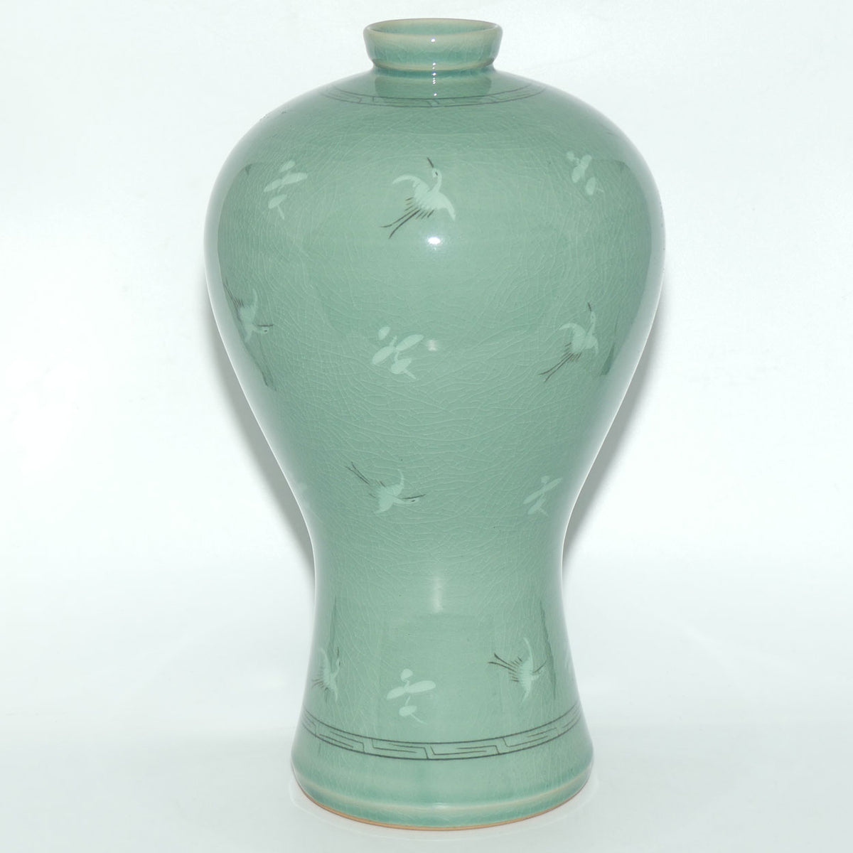 Vintage Chinese Celadon Glaze vase | Decorated with Cranes in Flight