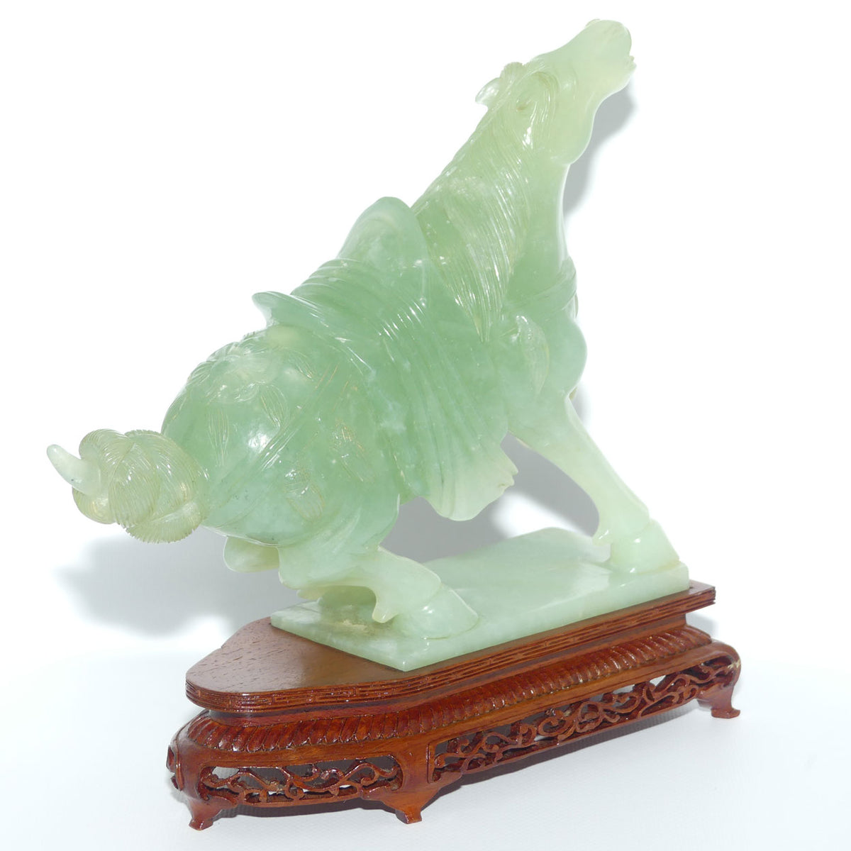 Early to Mid 20th Century Chinese Green Jade Warrior Horse on Wooden base