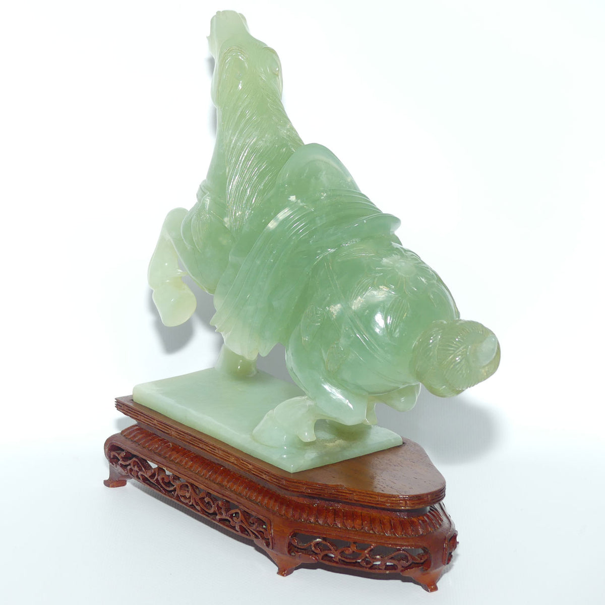 Early to Mid 20th Century Chinese Green Jade Warrior Horse on Wooden base