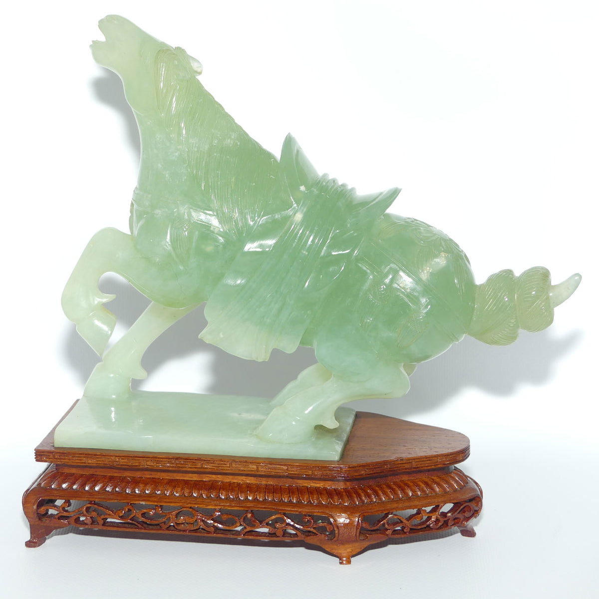 Early to Mid 20th Century Chinese Green Jade Warrior Horse on Wooden base
