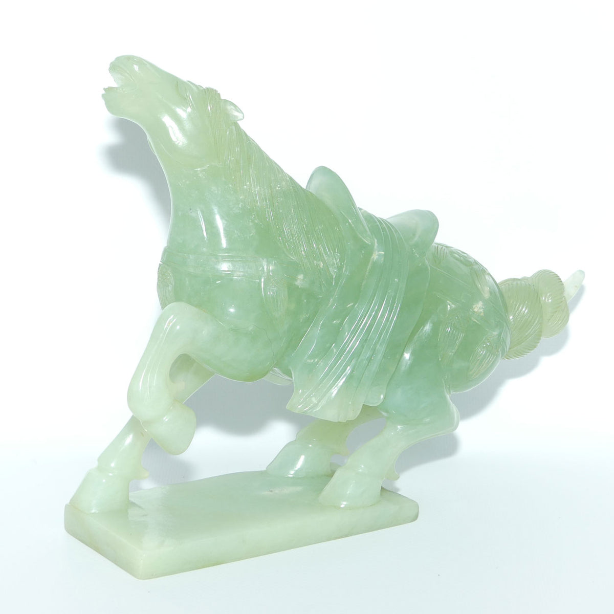 Early to Mid 20th Century Chinese Green Jade Warrior Horse on Wooden base
