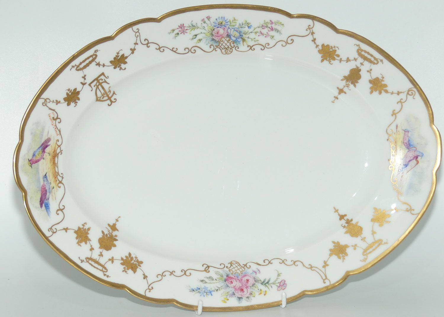 Early Australian China Painted large meat platter decorated with Birds | 39cm | by Ethel L Thomas 1910