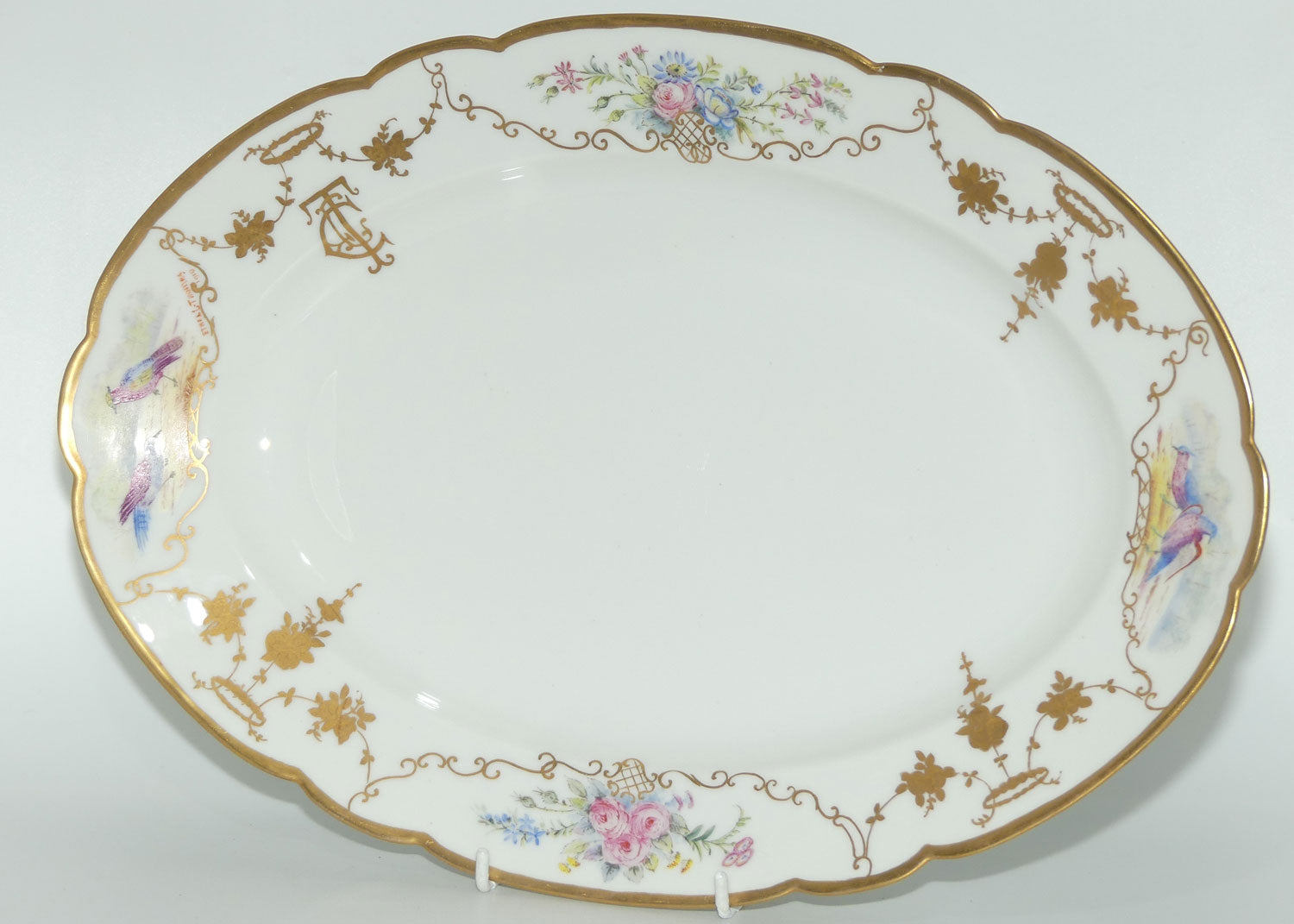 Early Australian China Painted large meat platter decorated with Birds | 39cm | by Ethel L Thomas 1910