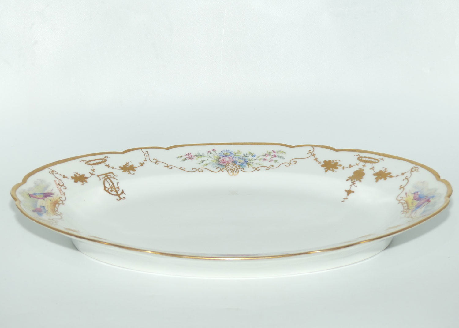 Early Australian China Painted large meat platter decorated with Birds | 39cm | by Ethel L Thomas 1910