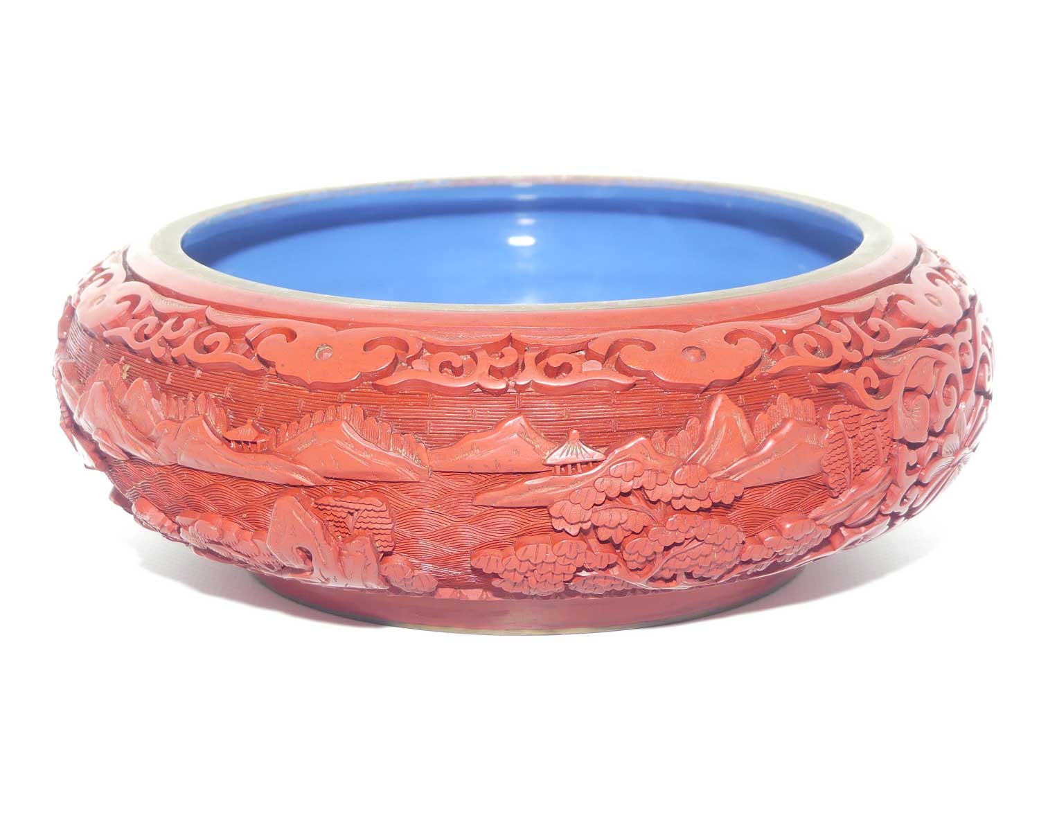 Large early 20th Century Chinese Hand Carved Red Cinnabar bowl with brass surround