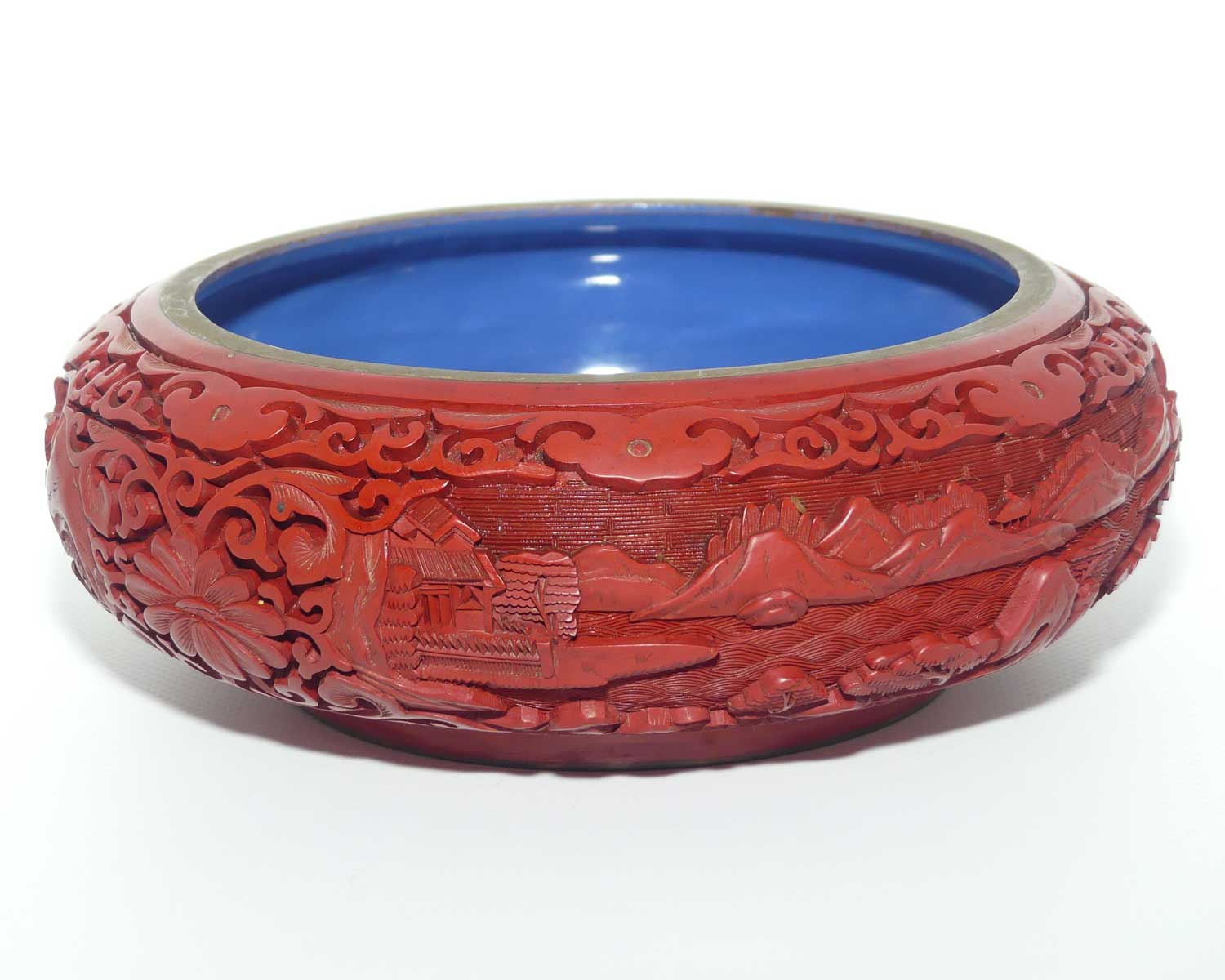 Large early 20th Century Chinese Hand Carved Red Cinnabar bowl with brass surround