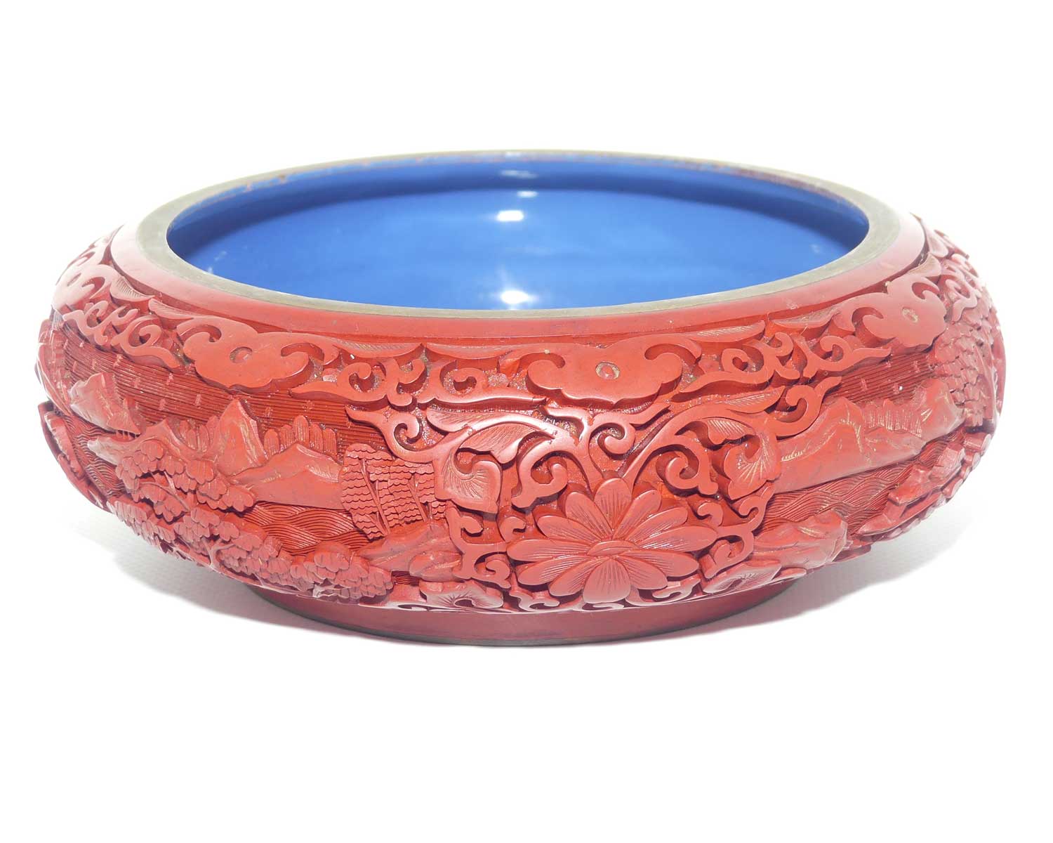 Large early 20th Century Chinese Hand Carved Red Cinnabar bowl with brass surround