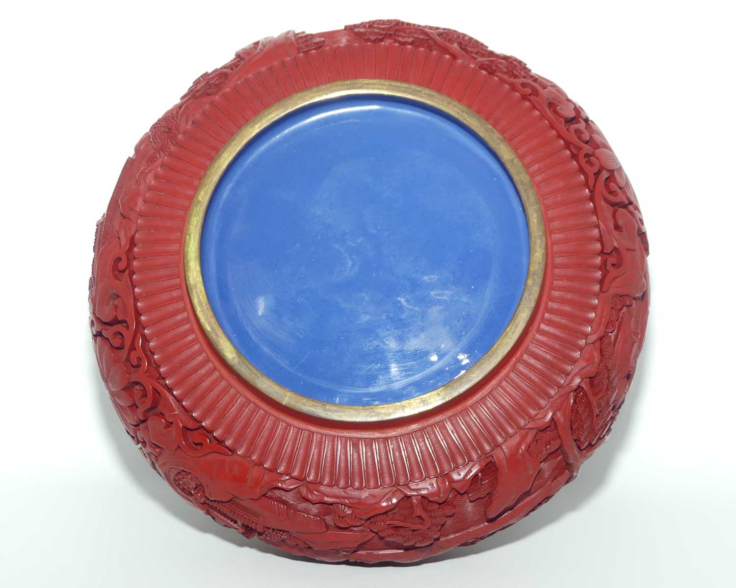 Large early 20th Century Chinese Hand Carved Red Cinnabar bowl with brass surround