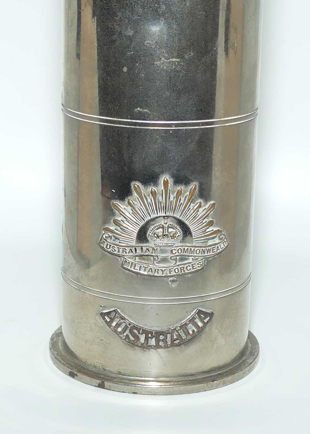 Trench Art Australian Commonwealth Military Forces chromed shell casing