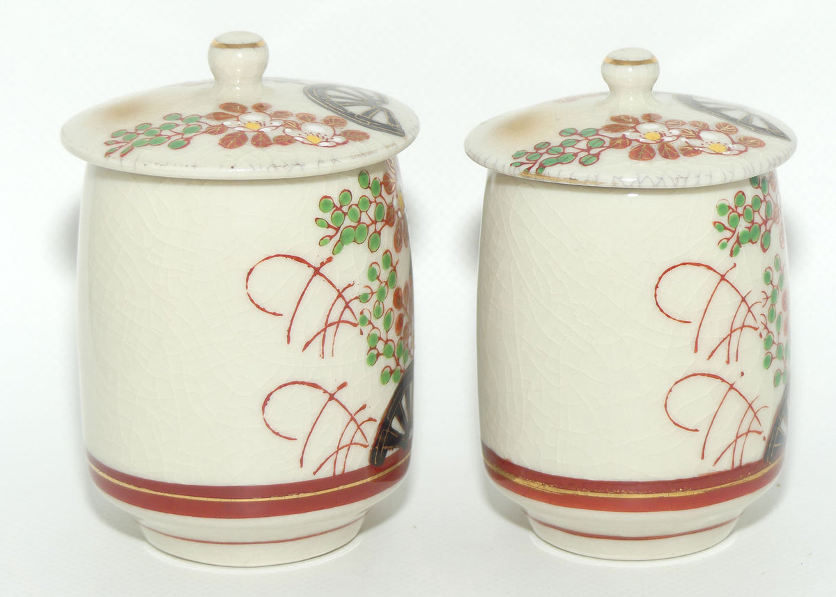 Pair of Oriental Waterwheel and Cherry Blossom decorated pots
