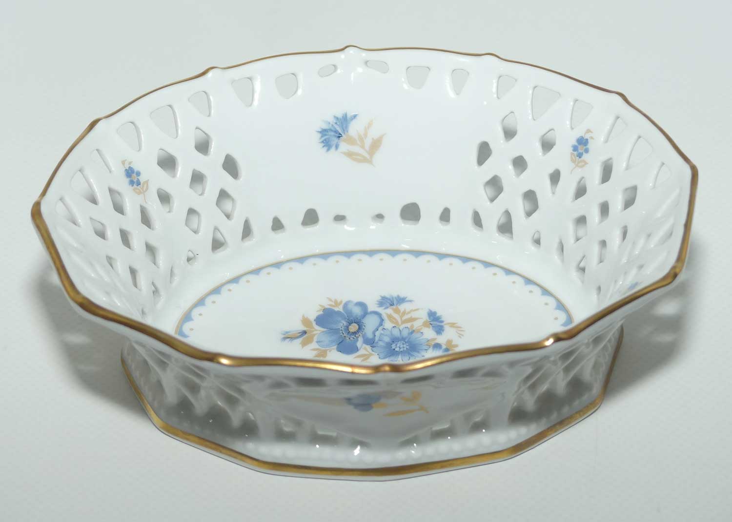 Schumann Arzberg Bavaria lattice basket | Blue Floral and Gilt