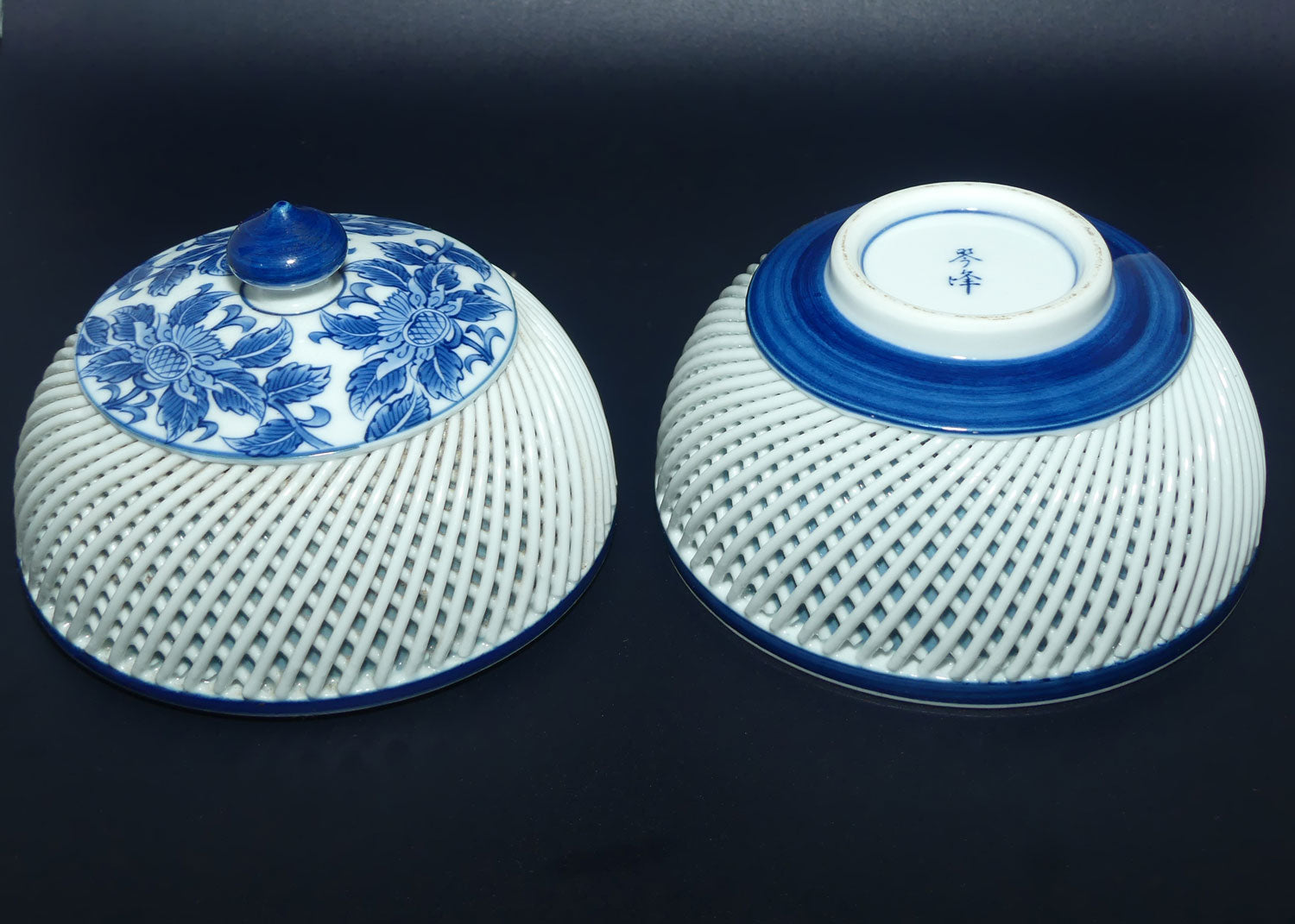 Japanese Hasami Ware Blue Floral lidded bowl