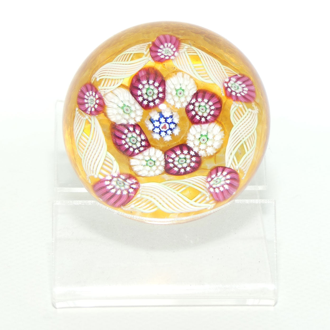 John Deacons Scotland Complex Latticino Garland miniature paperweight | Amber
