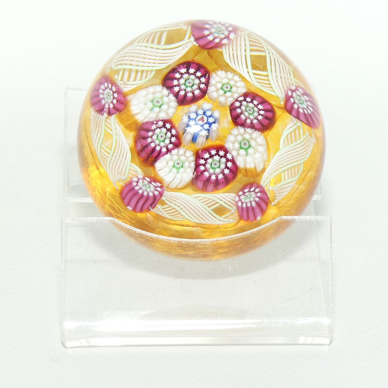 John Deacons Scotland Complex Latticino Garland miniature paperweight | Amber