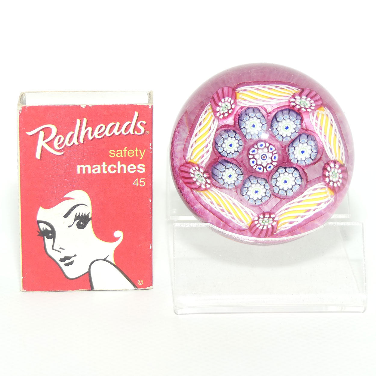 John Deacons Scotland Complex Latticino Garland miniature paperweight | Cranberry