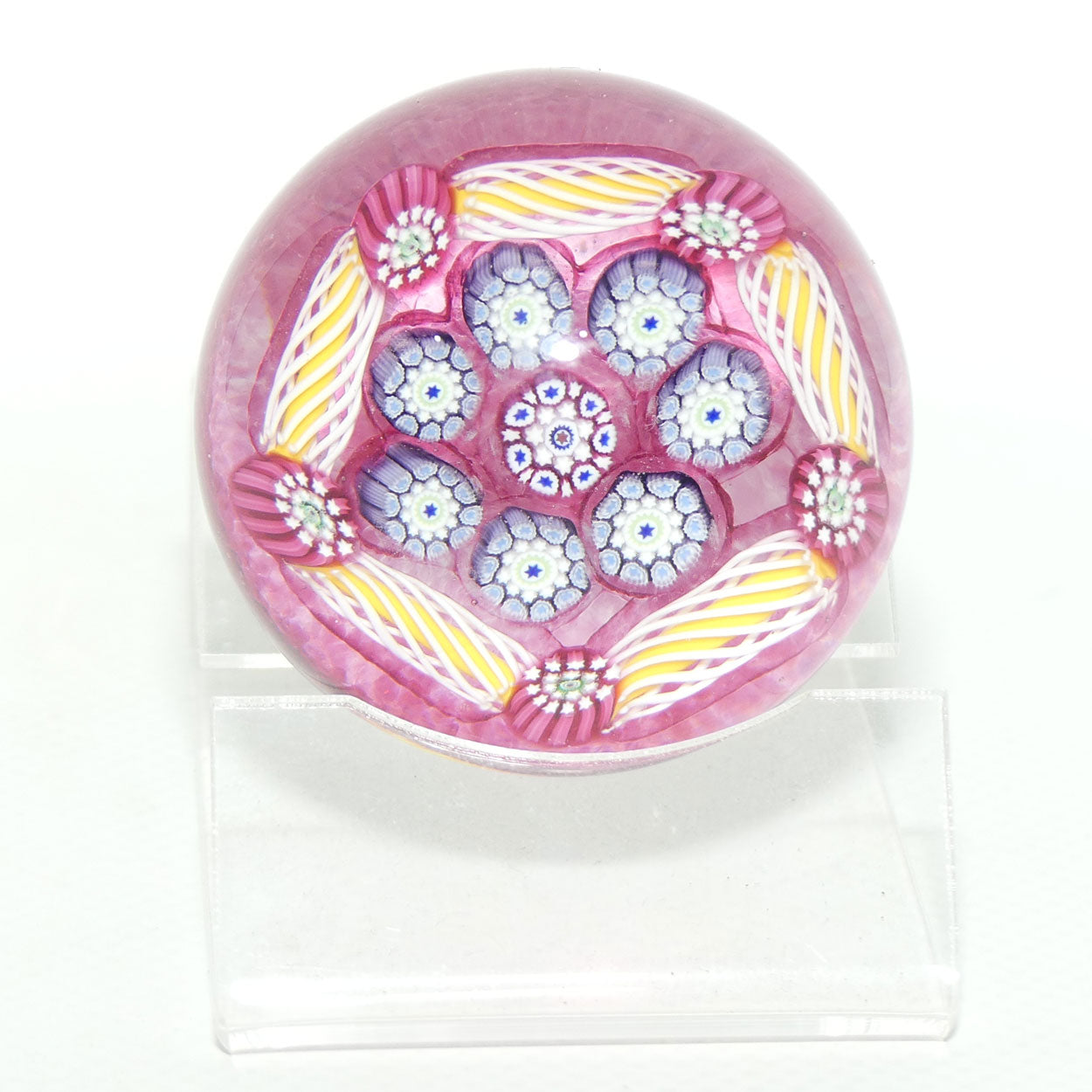 John Deacons Scotland Complex Latticino Garland miniature paperweight | Cranberry