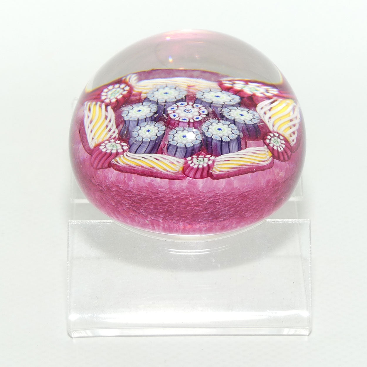 John Deacons Scotland Complex Latticino Garland miniature paperweight | Cranberry