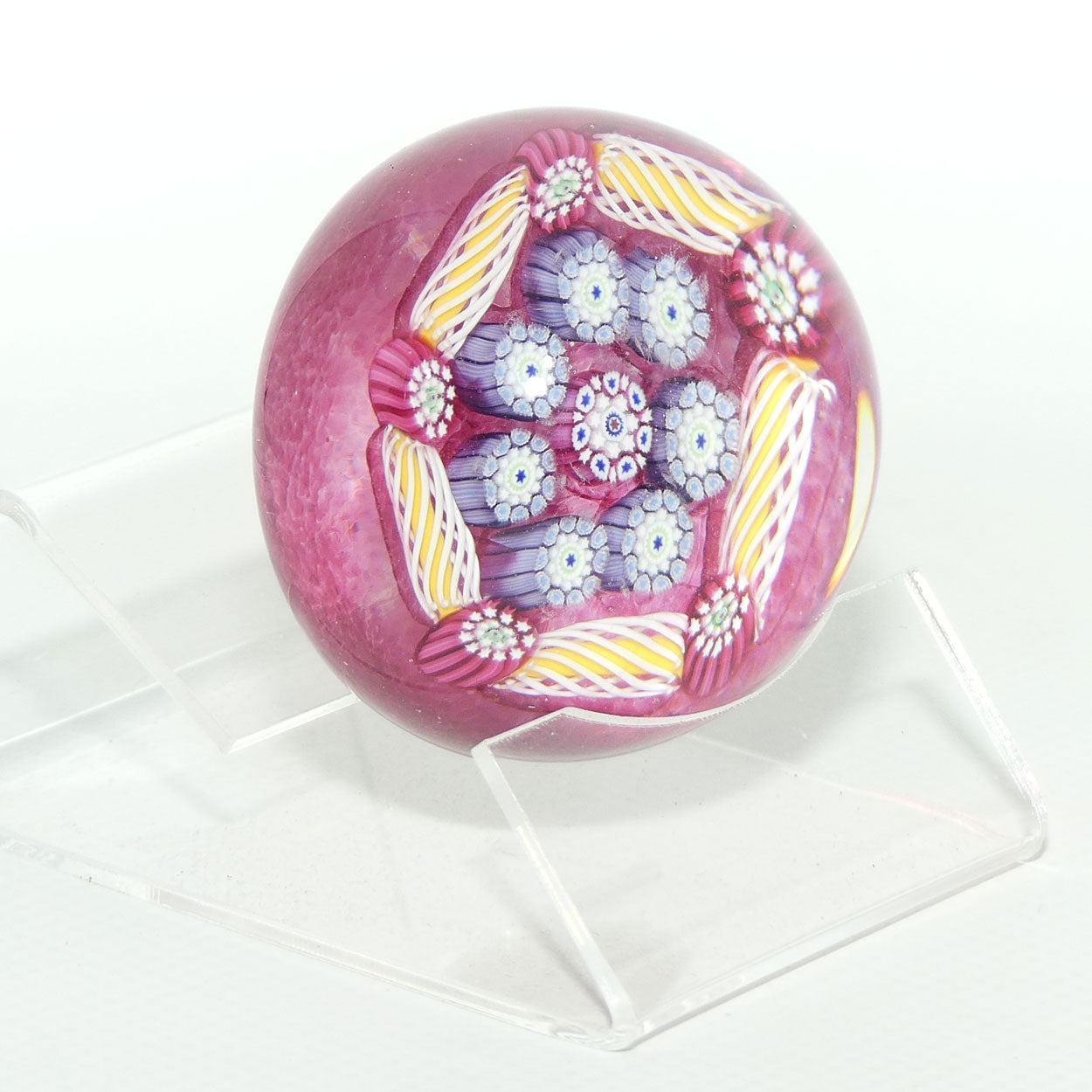 John Deacons Scotland Complex Latticino Garland miniature paperweight | Cranberry