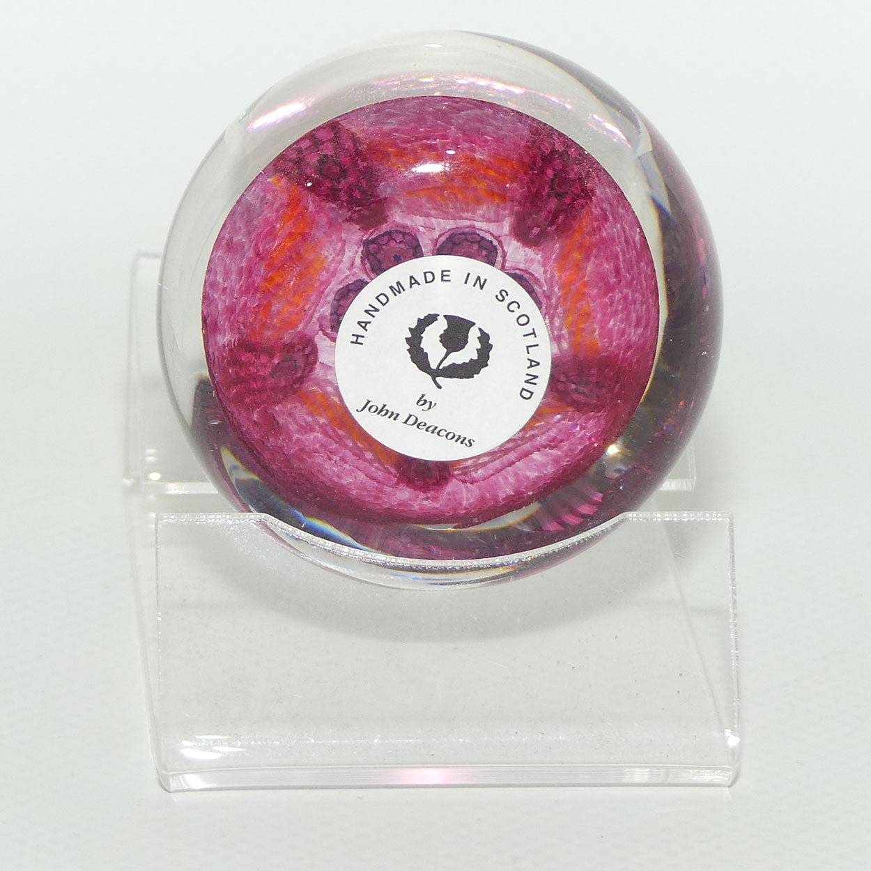 John Deacons Scotland Complex Latticino Garland miniature paperweight | Cranberry