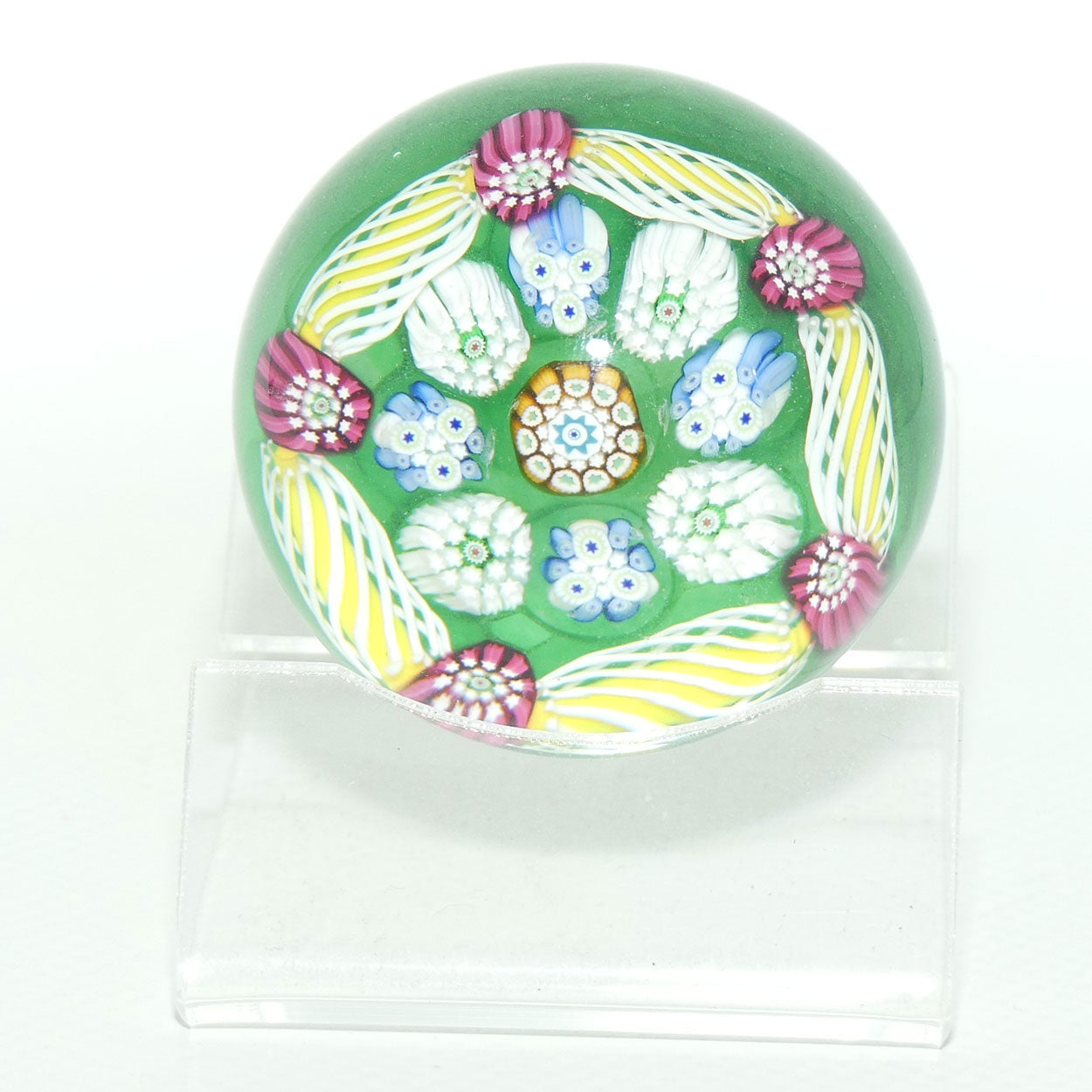 John Deacons Scotland Complex Latticino Garland miniature paperweight | Emerald