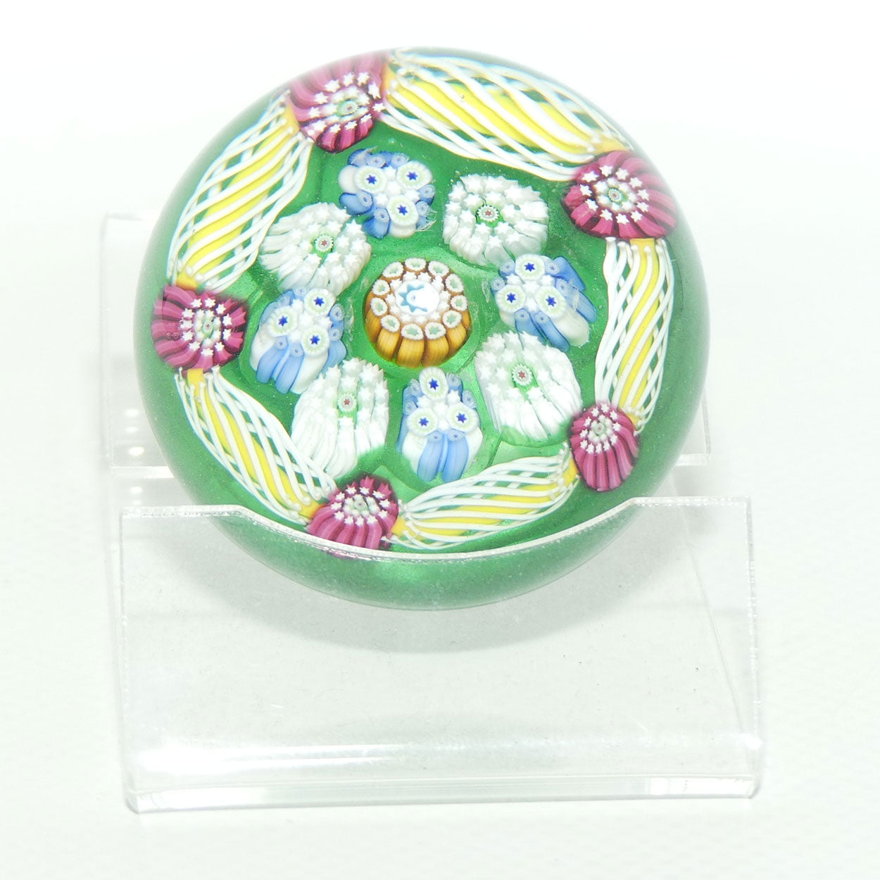 John Deacons Scotland Complex Latticino Garland miniature paperweight | Emerald