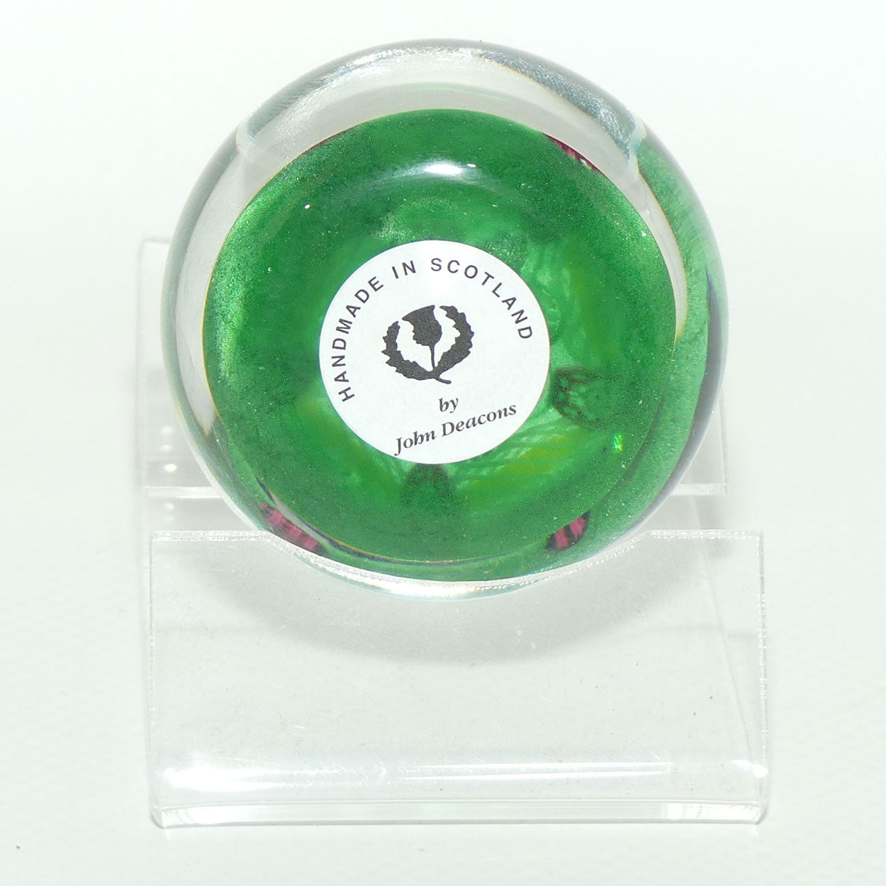 John Deacons Scotland Complex Latticino Garland miniature paperweight | Emerald