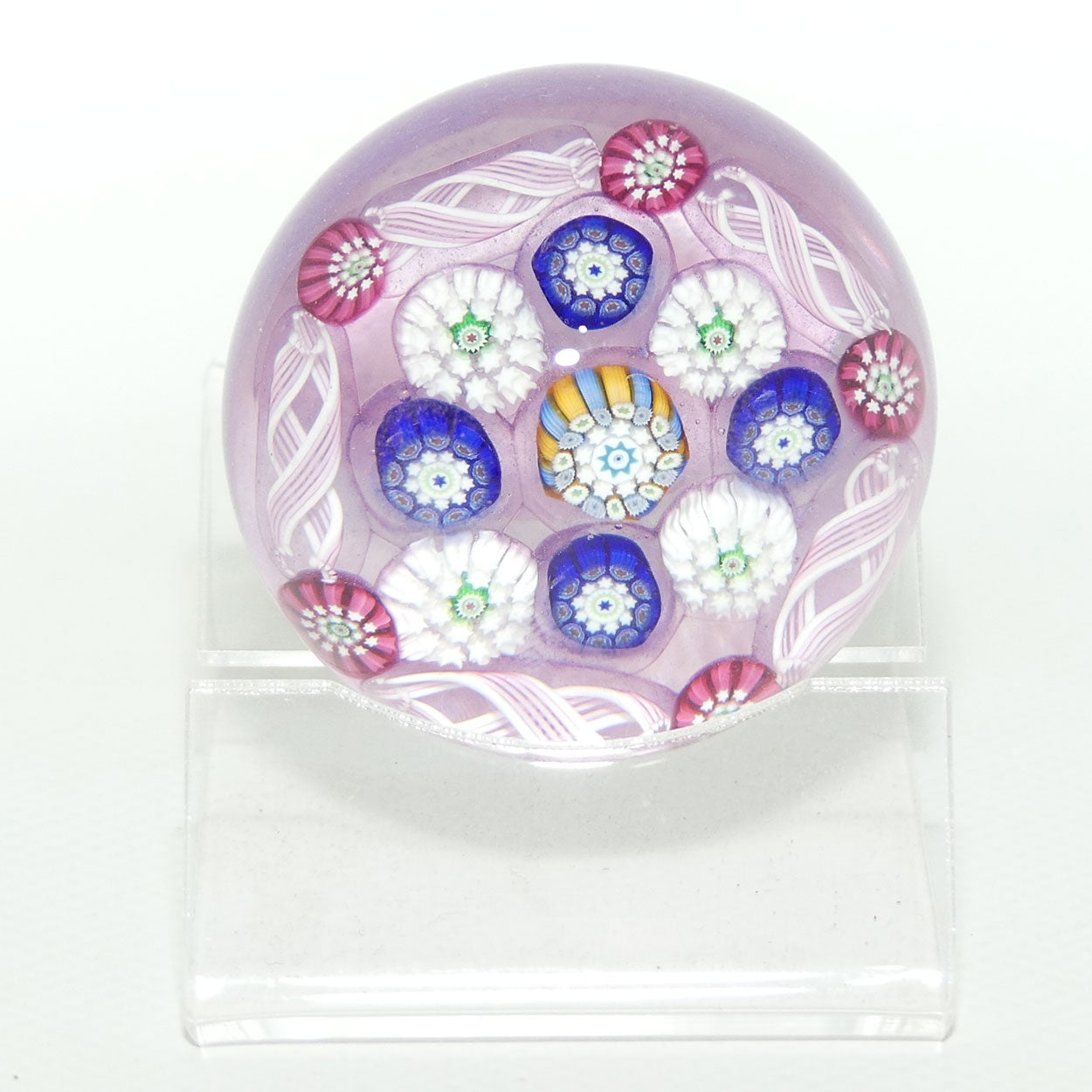 John Deacons Scotland Complex Latticino Garland miniature paperweight | Lavender