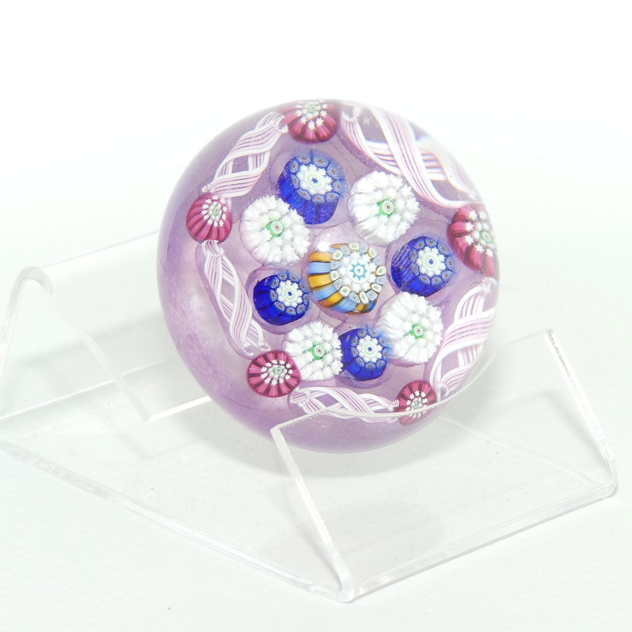 John Deacons Scotland Complex Latticino Garland miniature paperweight | Lavender