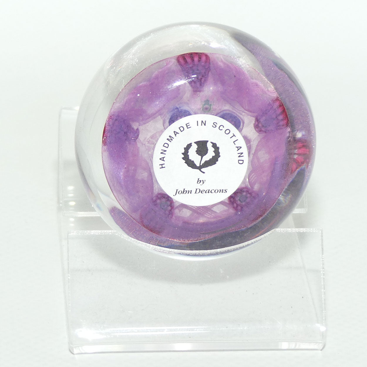 John Deacons Scotland Complex Latticino Garland miniature paperweight | Lavender