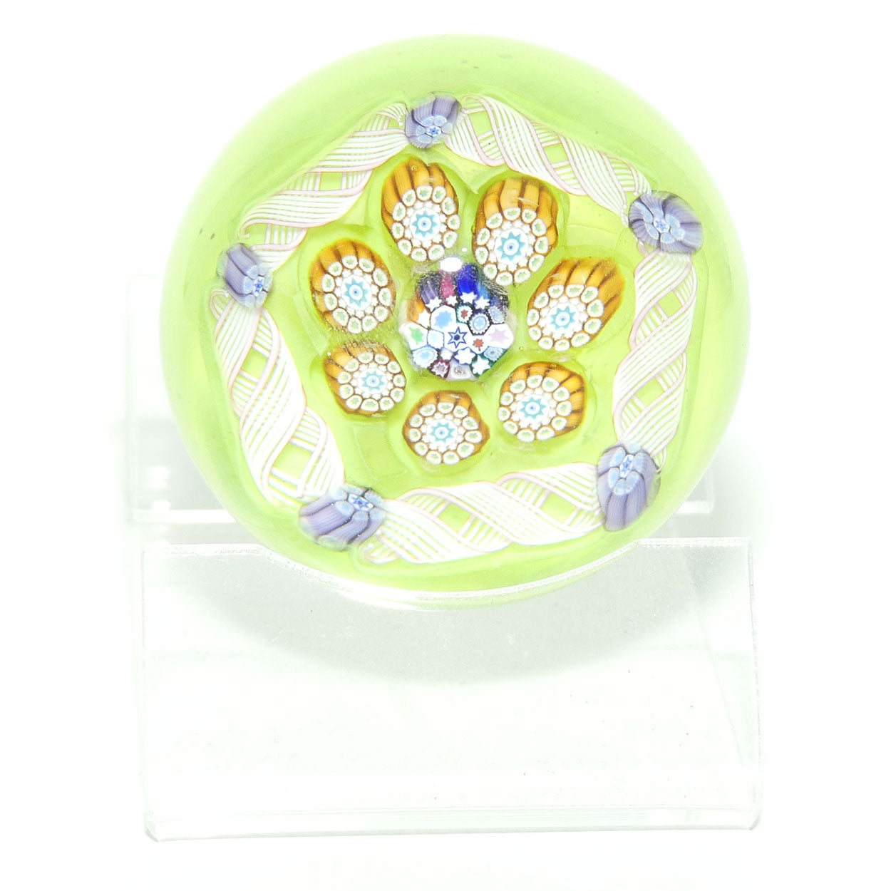 John Deacons Scotland Complex Latticino Garland miniature paperweight | Lime