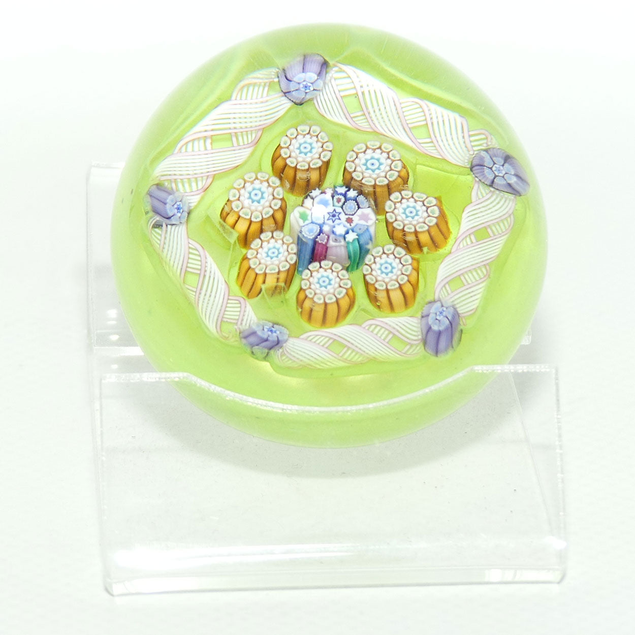 John Deacons Scotland Complex Latticino Garland miniature paperweight | Lime
