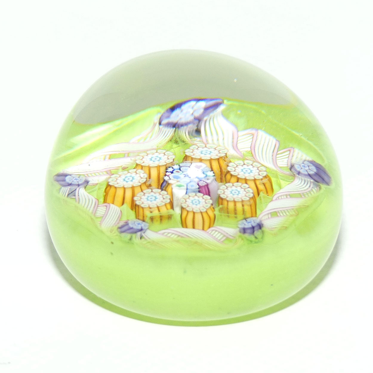 John Deacons Scotland Complex Latticino Garland miniature paperweight | Lime