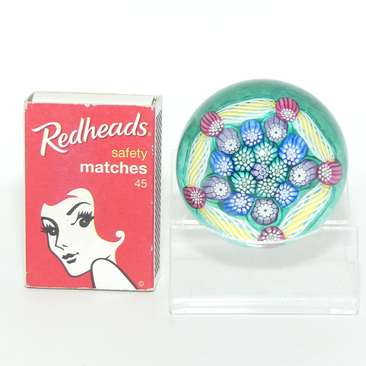 John Deacons Scotland Complex Latticino Garland miniature paperweight | Peacock