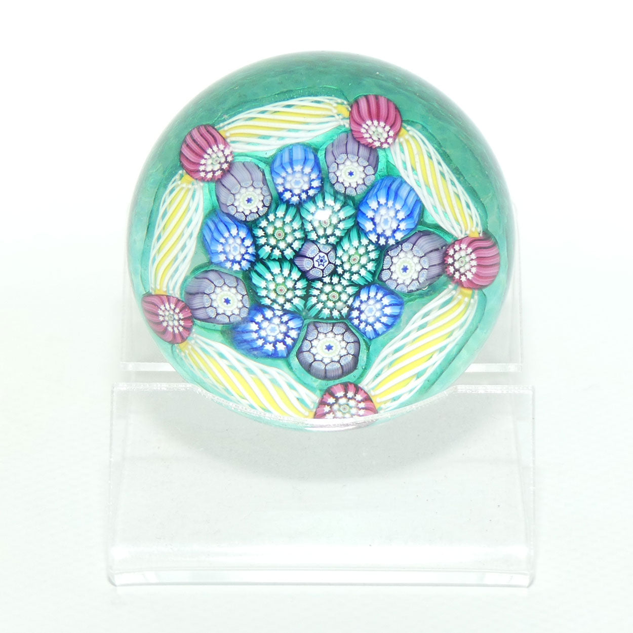 John Deacons Scotland Complex Latticino Garland miniature paperweight | Peacock