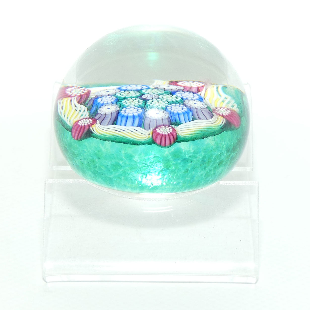John Deacons Scotland Complex Latticino Garland miniature paperweight | Peacock