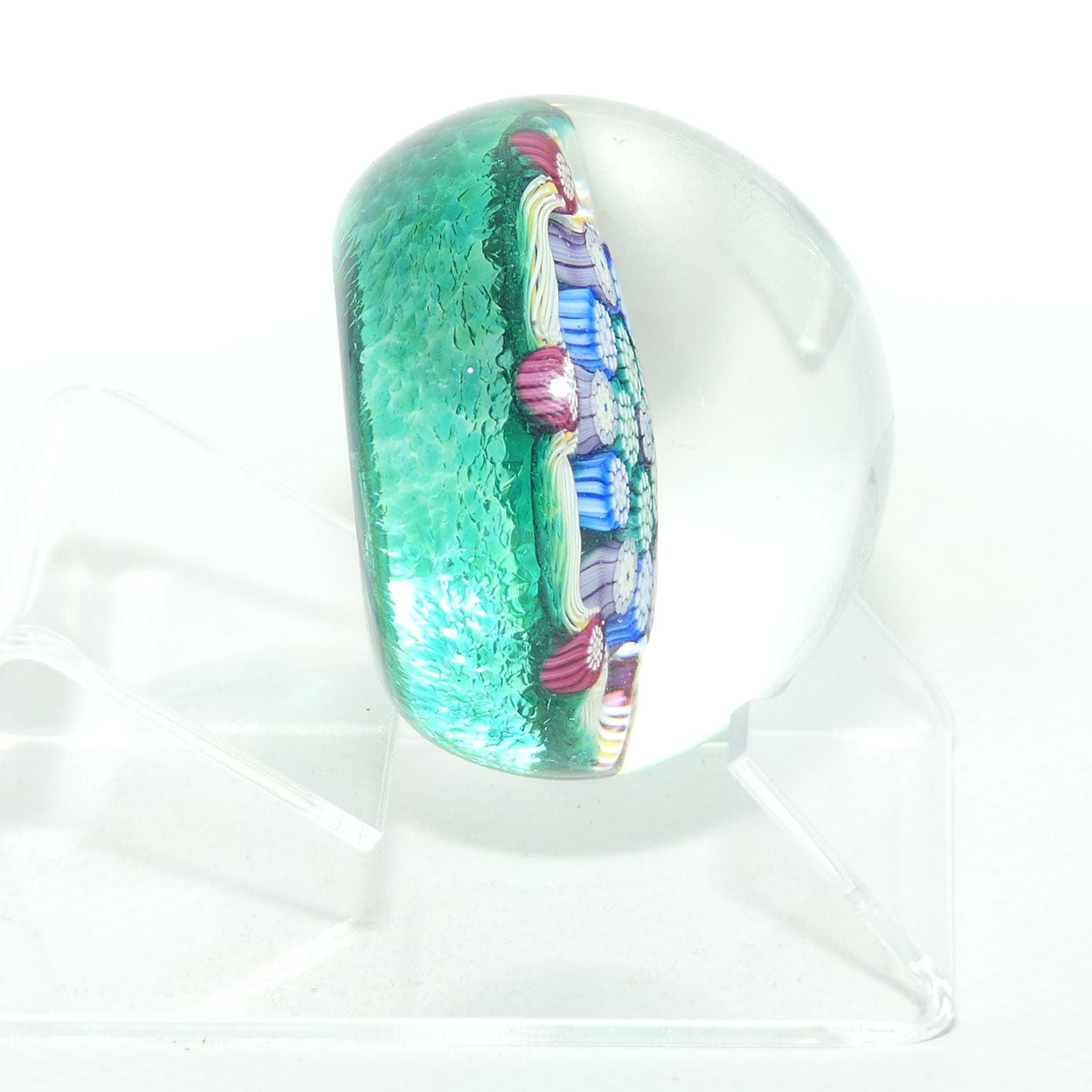 John Deacons Scotland Complex Latticino Garland miniature paperweight | Peacock