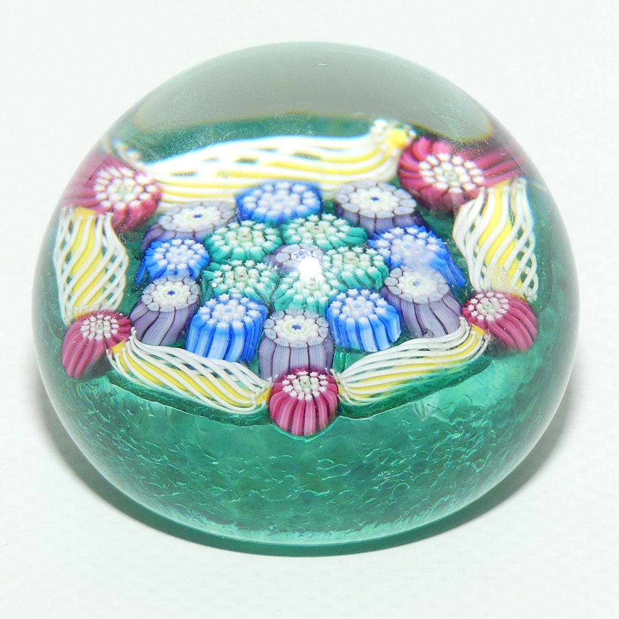 John Deacons Scotland Complex Latticino Garland miniature paperweight | Peacock