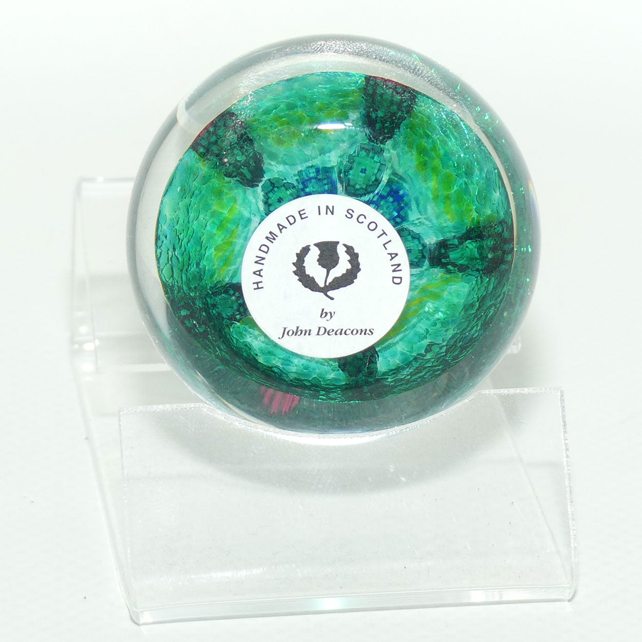 John Deacons Scotland Complex Latticino Garland miniature paperweight | Peacock