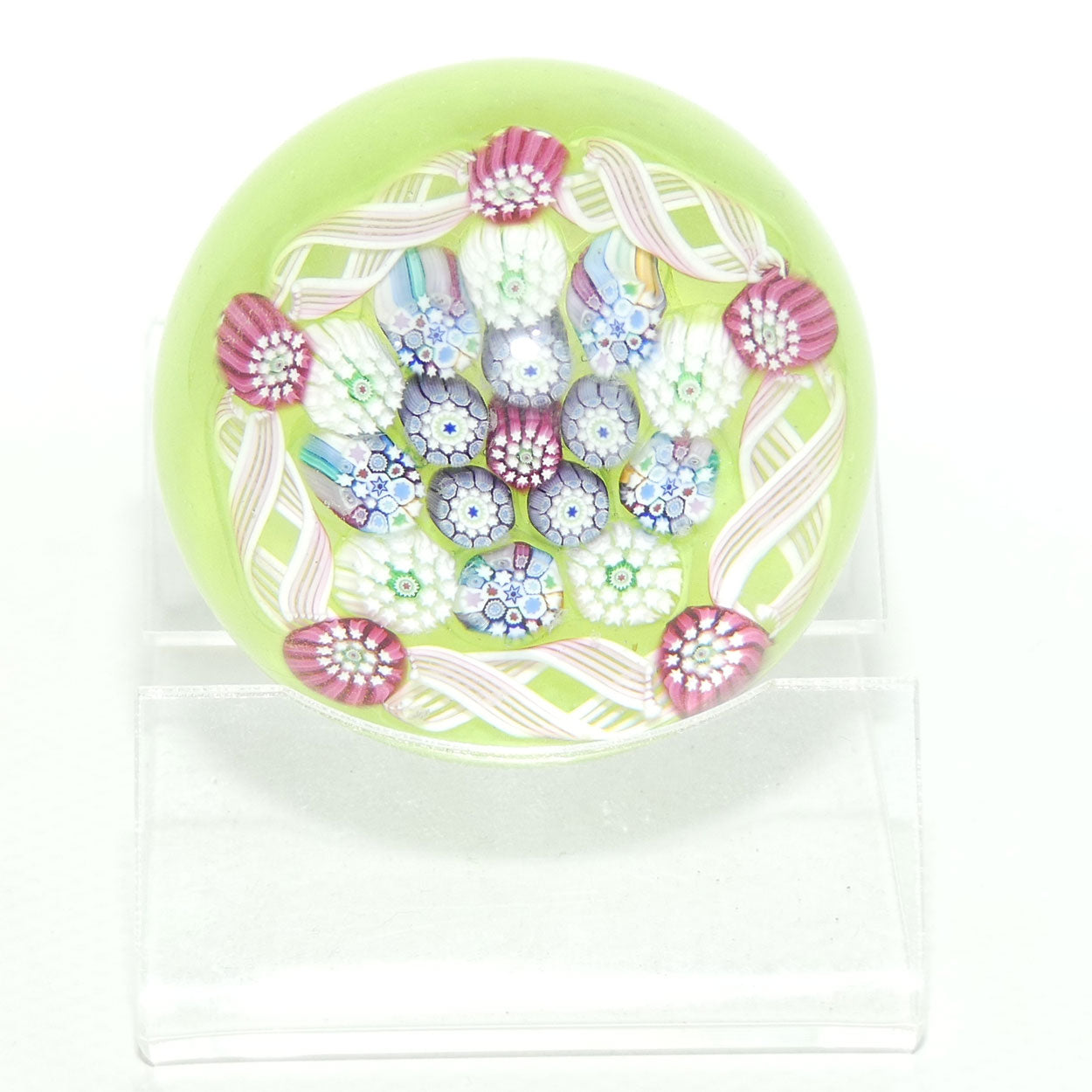 John Deacons Scotland Complex Latticino Garland miniature paperweight | Pear