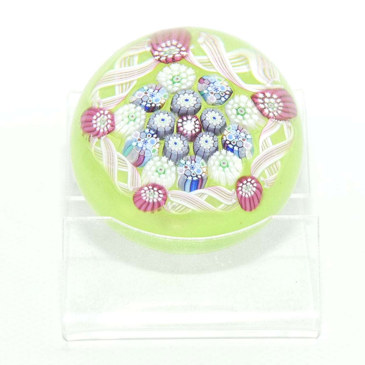 John Deacons Scotland Complex Latticino Garland miniature paperweight | Pear