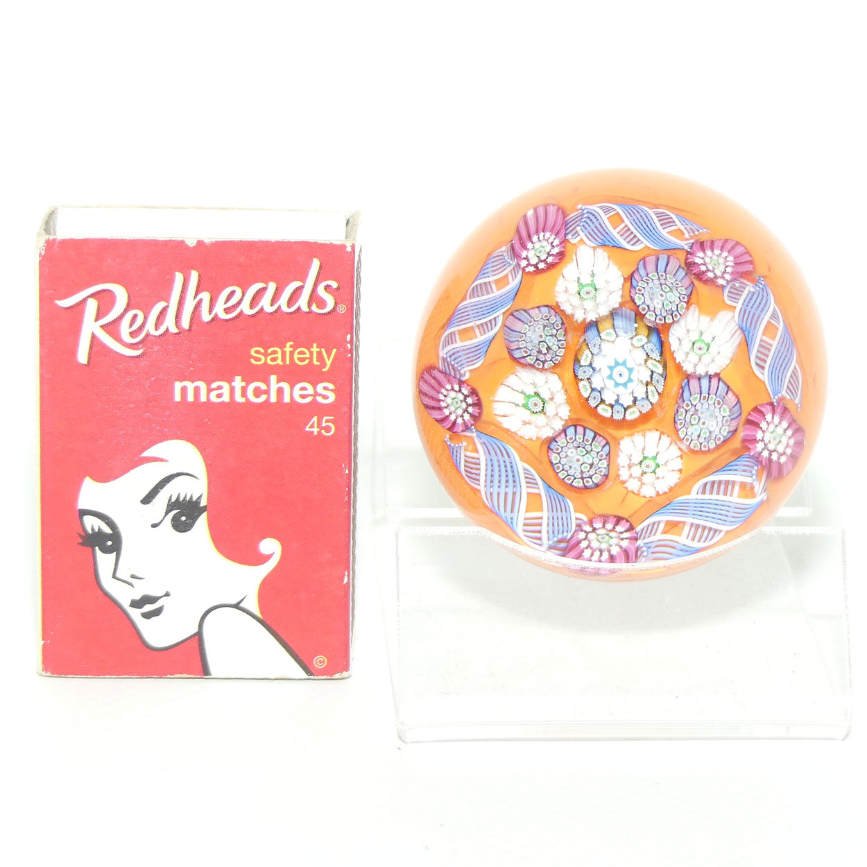 John Deacons Scotland Complex Latticino Garland miniature paperweight | Tangerine