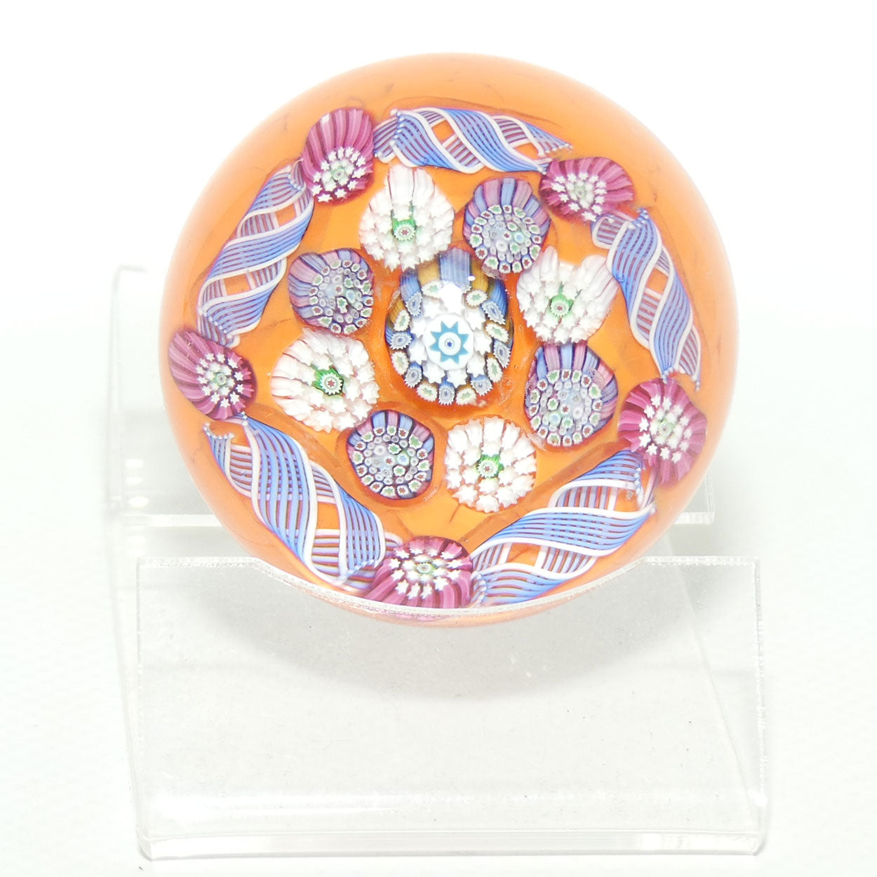 John Deacons Scotland Complex Latticino Garland miniature paperweight | Tangerine