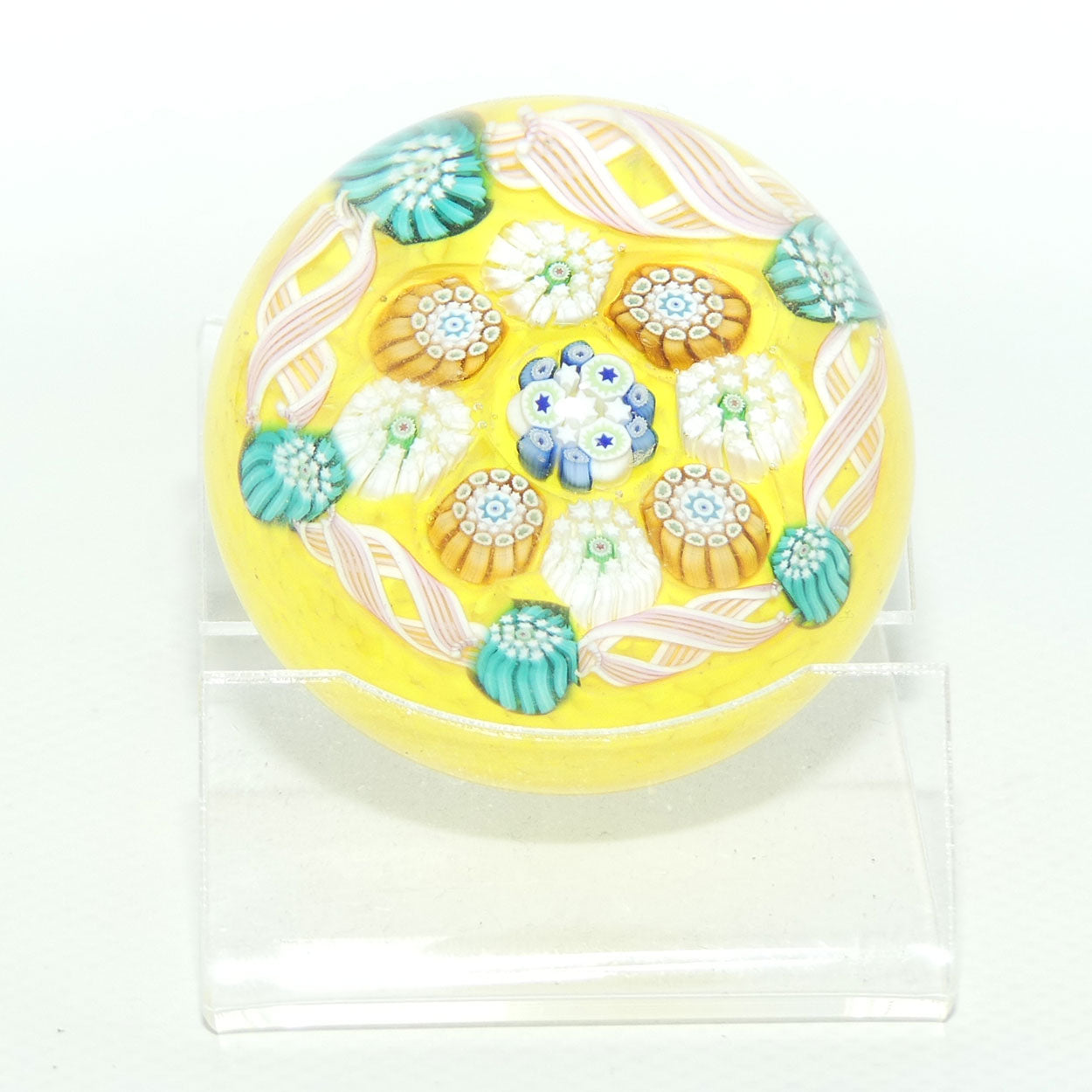 John Deacons Scotland Complex Latticino Garland miniature paperweight | Yellow