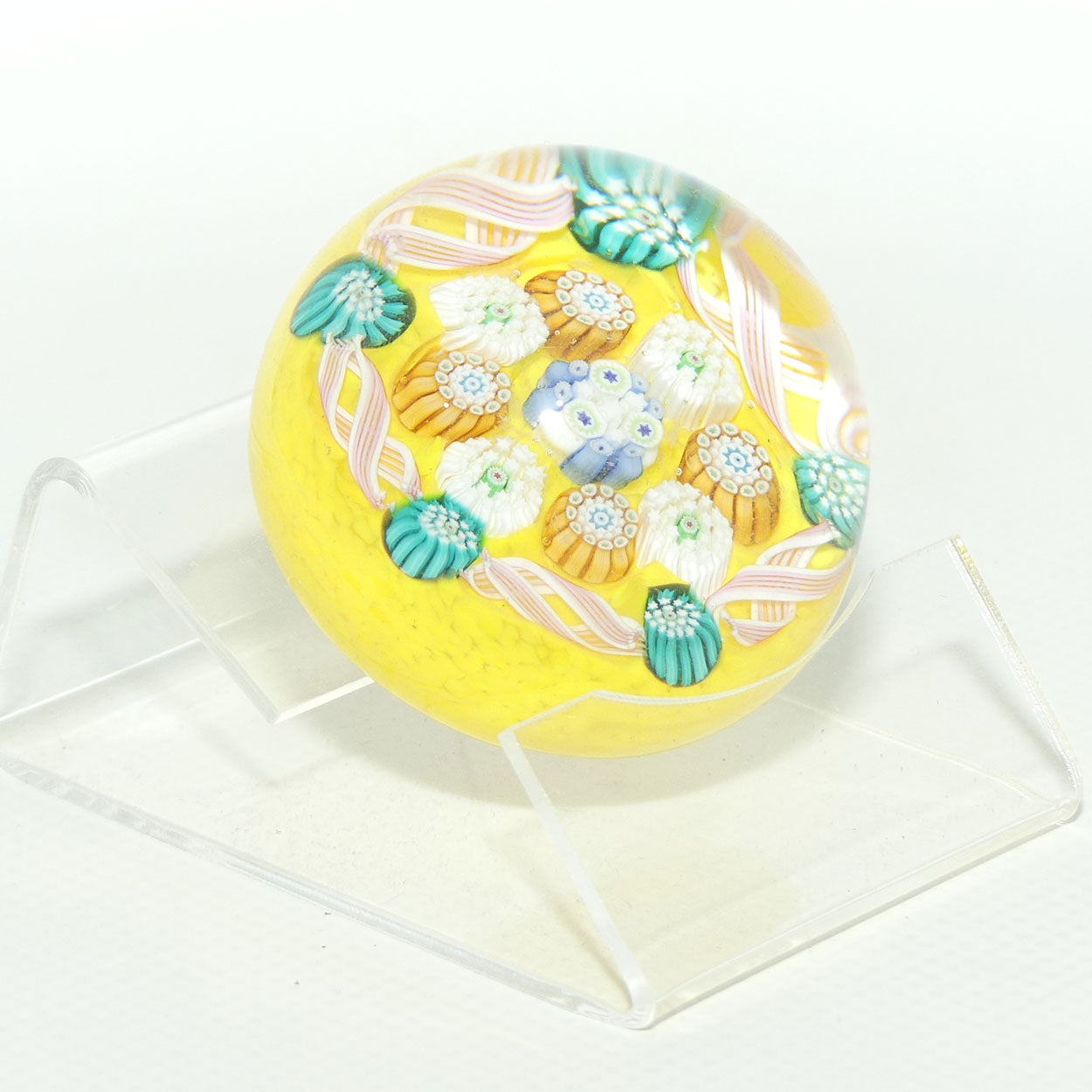 John Deacons Scotland Complex Latticino Garland miniature paperweight | Yellow