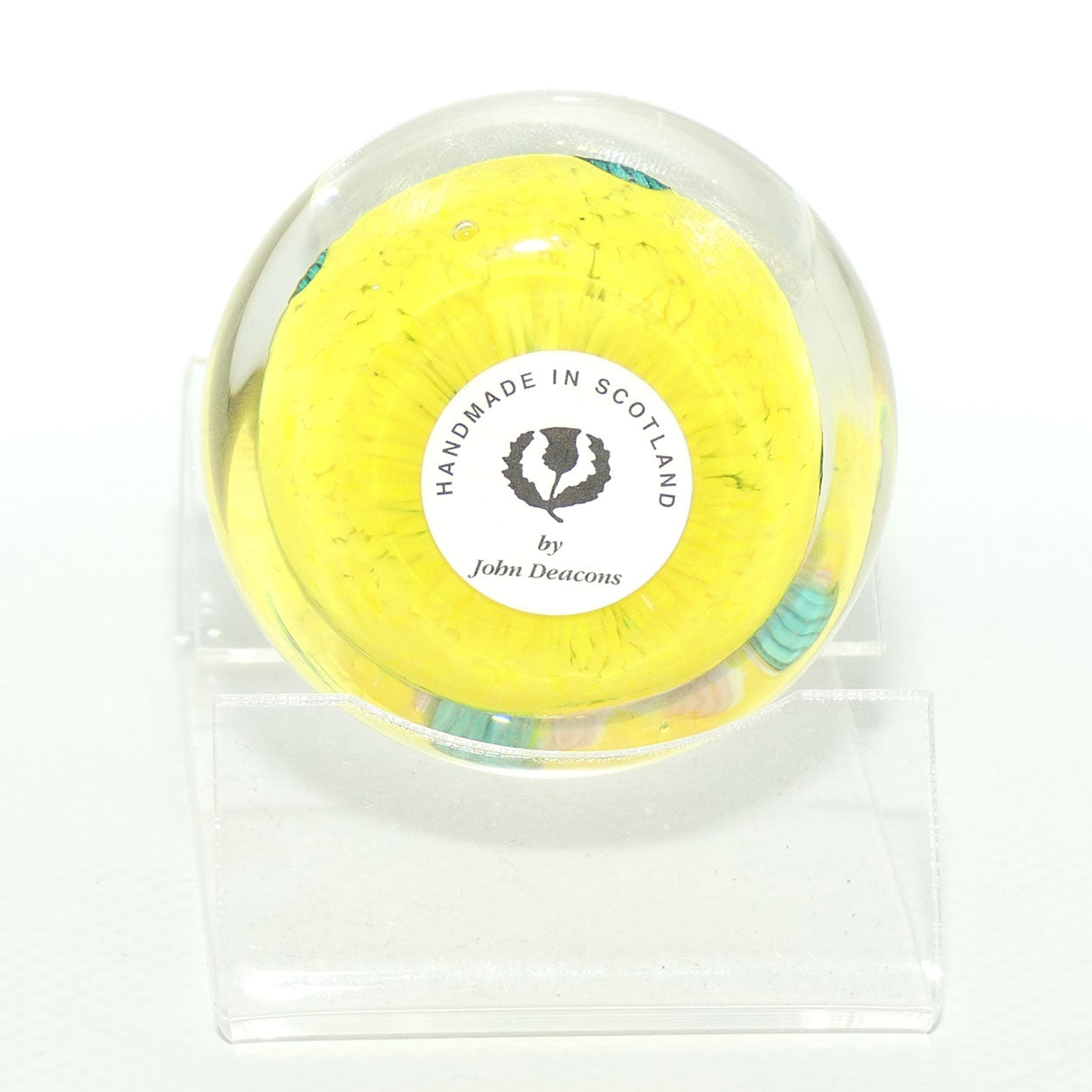 John Deacons Scotland Complex Latticino Garland miniature paperweight | Yellow