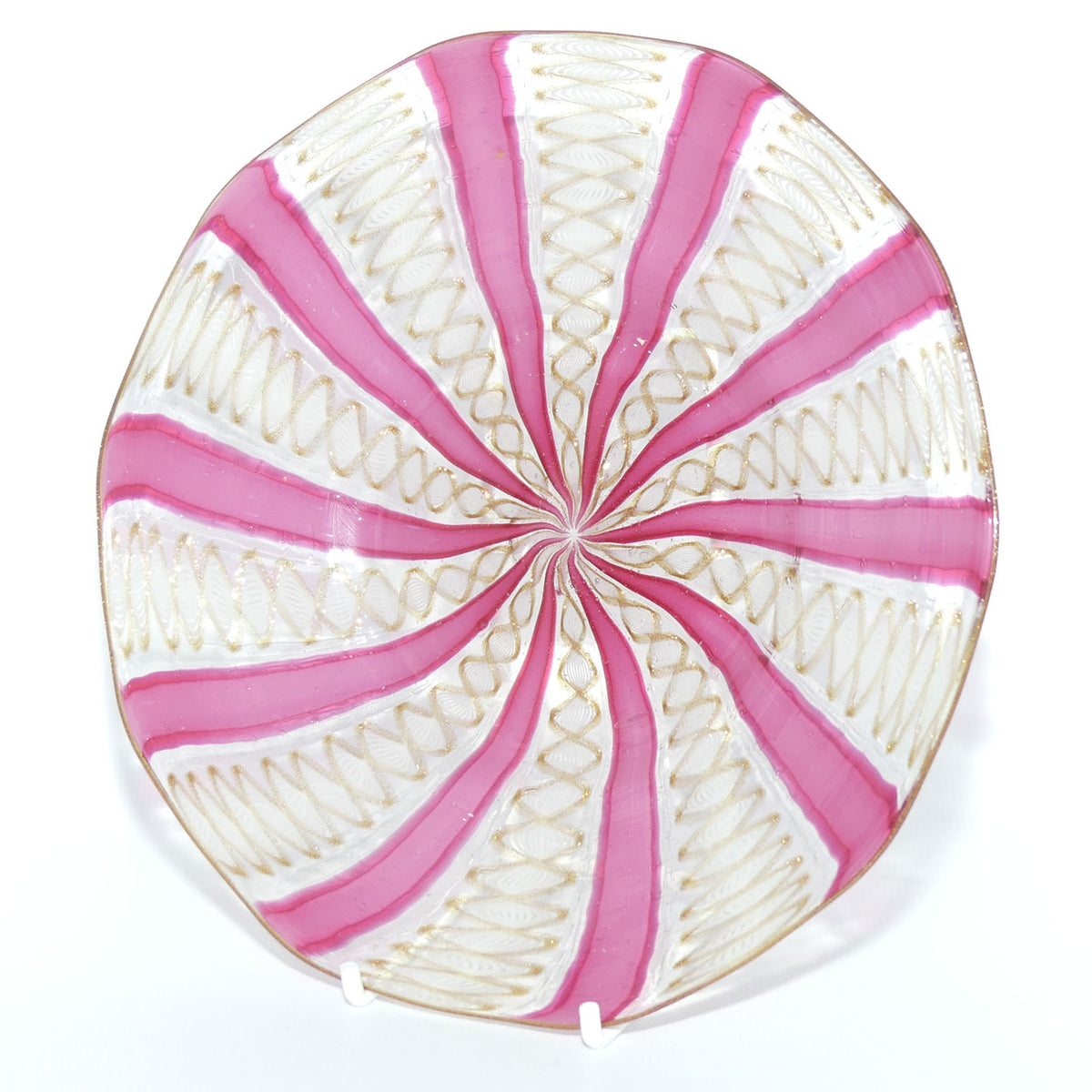 Superb Vintage Murano Venetian glass plate with Pink Spiral and Aventurine Twist Threads